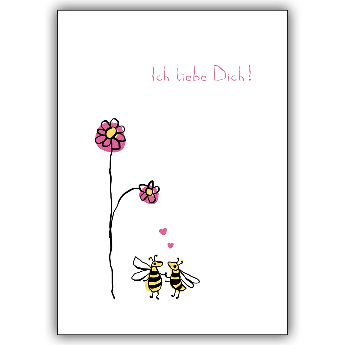 Zauberhafte Valentinskarte mit zwei verliebten Bienen unter Blume: Ich liebe Dich