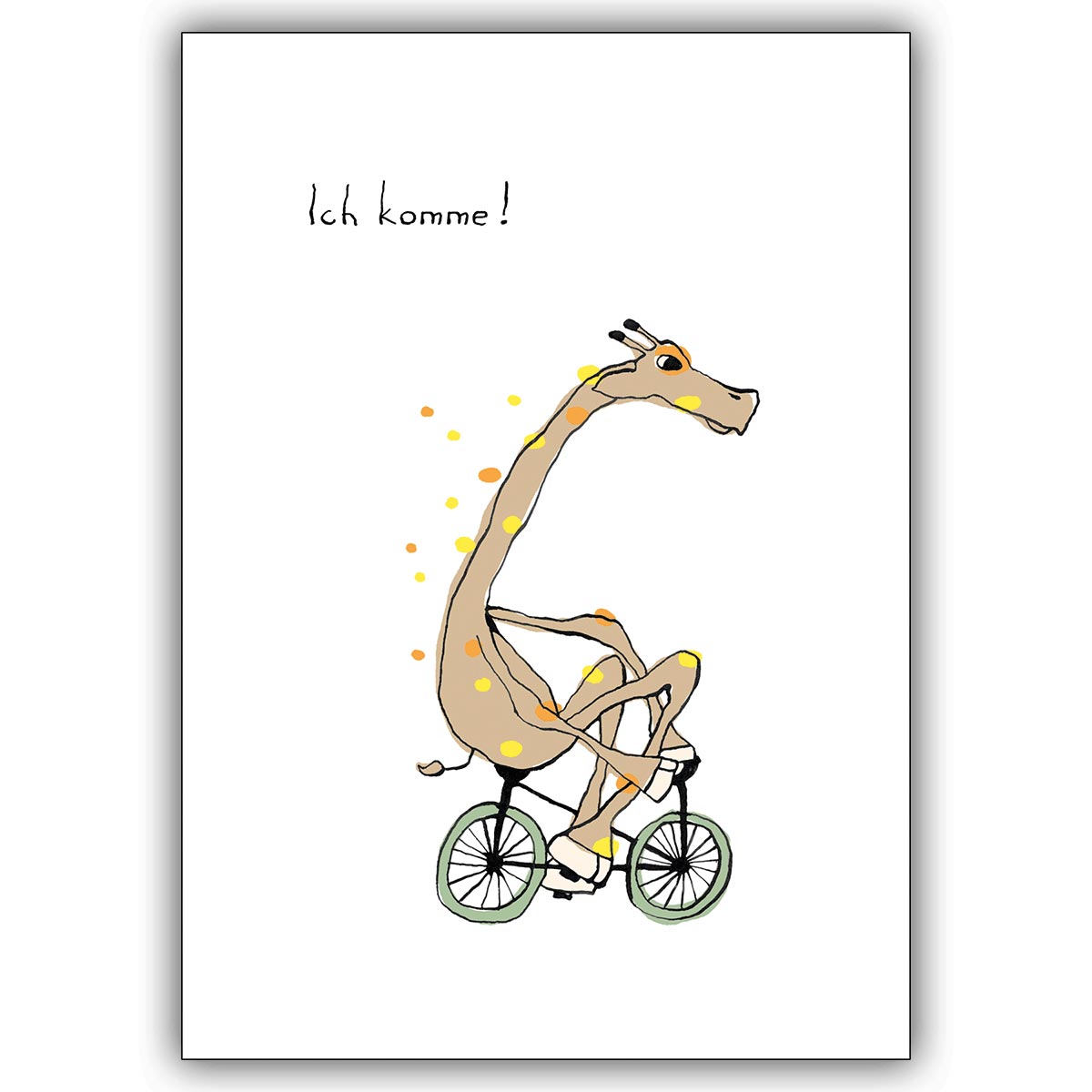 Süße Beistands Karte mit Giraffe auf Fahrrad: Ich komme!