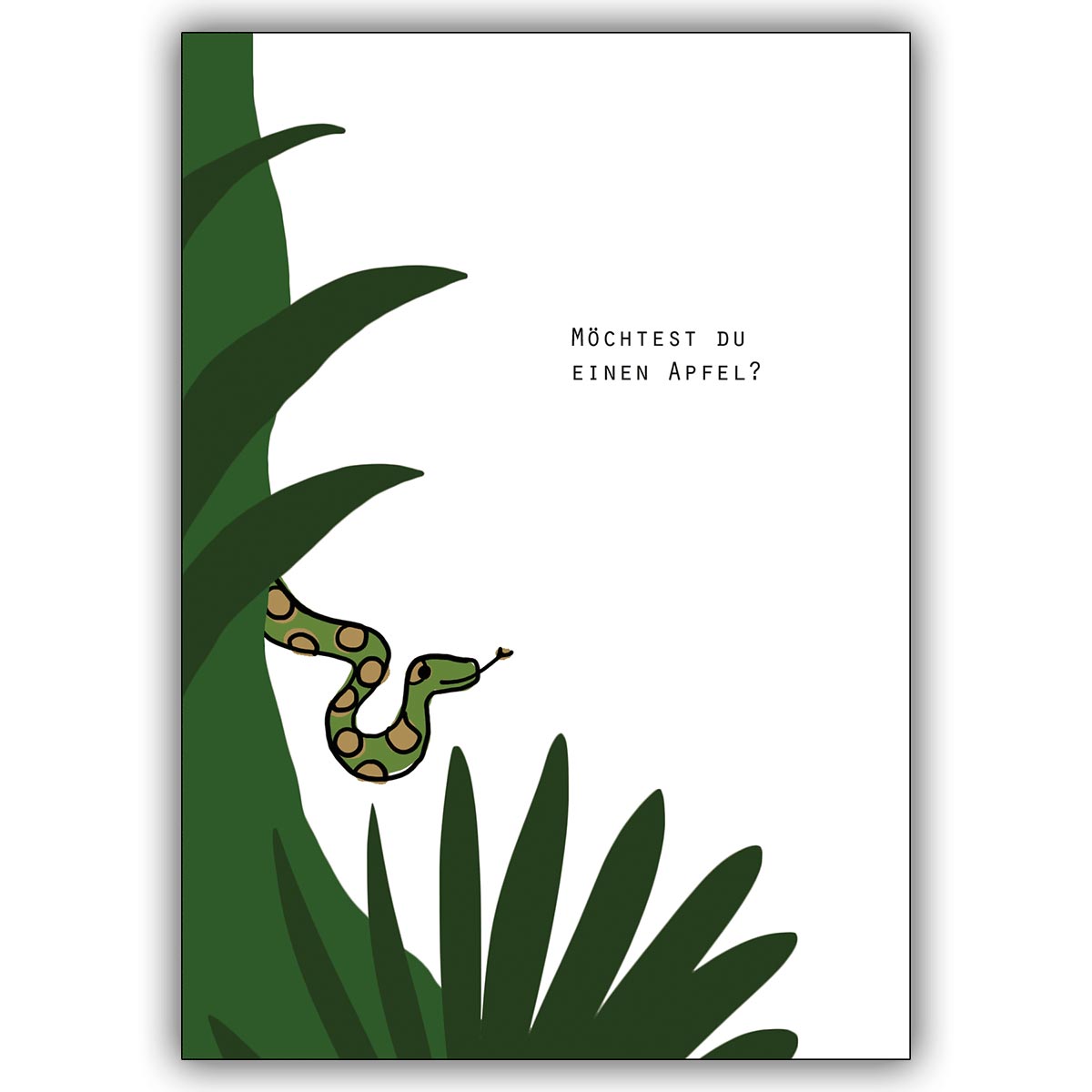 Verführende Liebeskarte mit Schlange im Garten Eden: Möchtest Du einen Apfel?