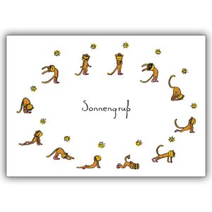 Sonnige Grußkarte mit kleinen Yoga Affen: Sonnengruß