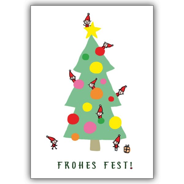 Fröhliche Weihnachtskarte mit "frohes Fest" Glückwünschen und Wichtel Weihnachtsbaum