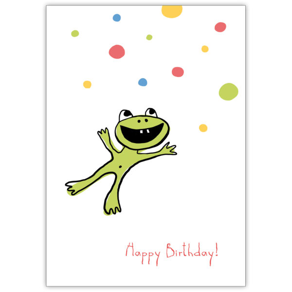 Lustige Geburtstagskarte mit fröhlichem Frosch: Happy Birthday!