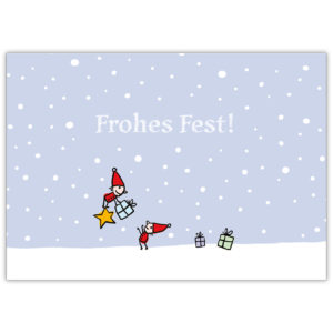 Schöne Weihnachtskarte: Frohes Fest! Wünschen diese niedlichen Weihnachts Wichtel im Schnee mit Geschenken
