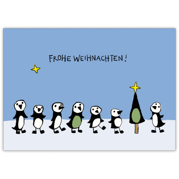süße Weihnachtskarte mit Pinguinen unterm Weihnachtsbaum: Frohes Fest