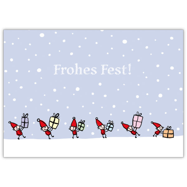Zauberhafte Weihnachtskarte mit Wichteln, die Geschenke bringen: Frohes Fest