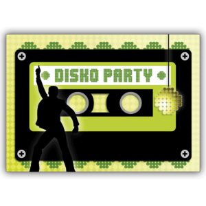 Poppige Einladungskarte im Kassetten Look für eine coole Party: Disco Party