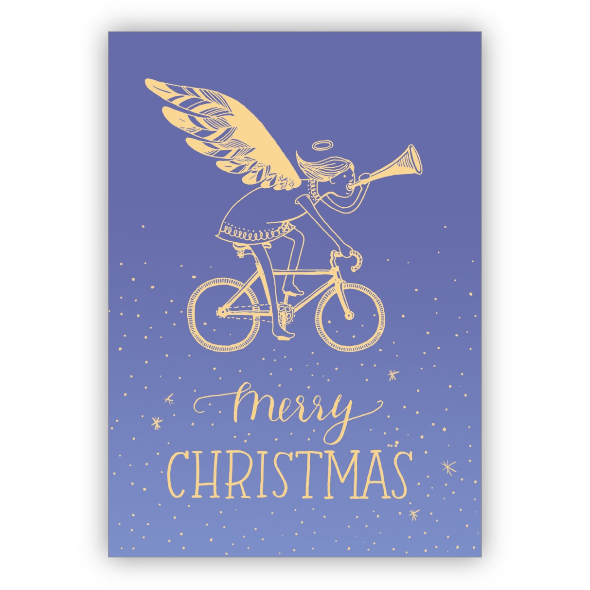 Schöne Designer Weihnachtskarte mit trompetendem Engel auf Fahrrad in lila: Merry Christmas