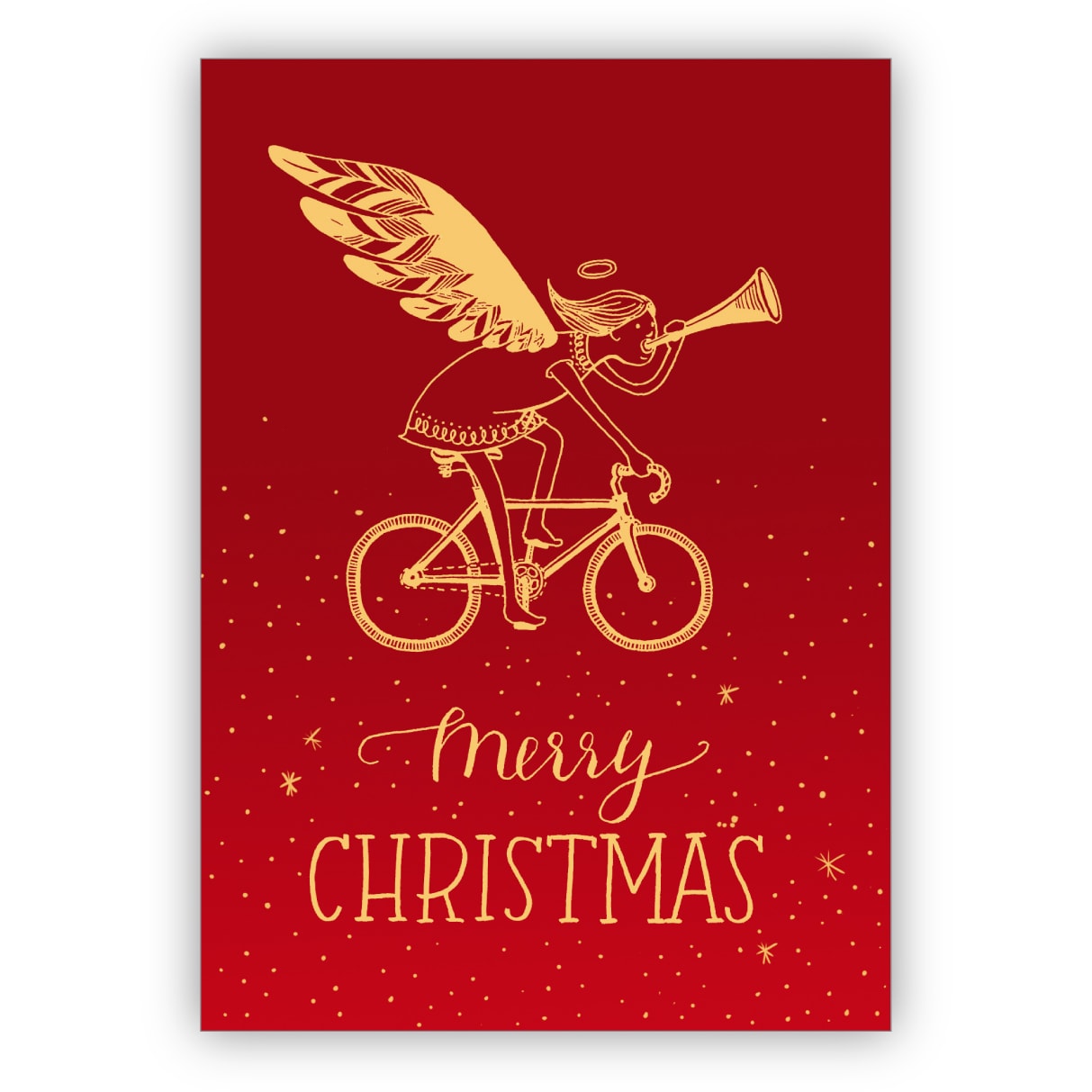 Tolle rote Weihnachtskarte mit trompetendem Engel auf Fahrrad: Merry Christmas