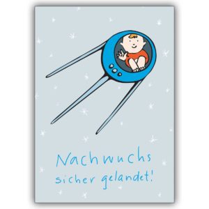 Lustige Babykarte mit Rakete: Nachwuchs sicher gelandet