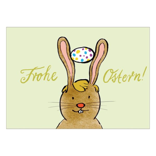 Süße Osterkarte mit Osterhase und buntem Ei, der  “Frohe Ostern” zum Osterfest wünscht