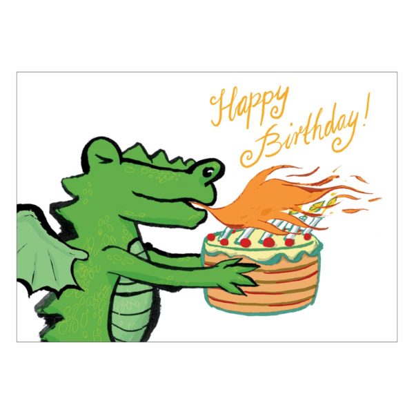 Coole Geburtstagskarte mit feurigem Drachen und Torte: Happy Birthday