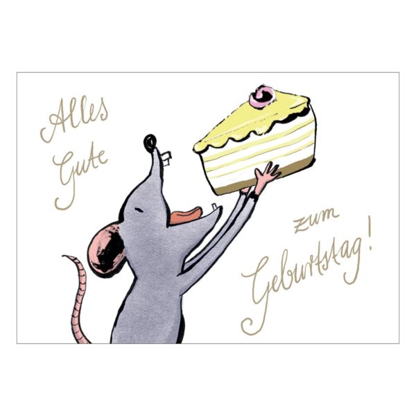 Lustige Geburtstagskarte mit hungriger Maus und Torte: Alles Gute zum Geburtstag
