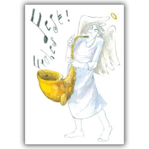 Coole Weihnachtskarte mit Saxophon spielendem Weihnachtsengel: Frohes Fest