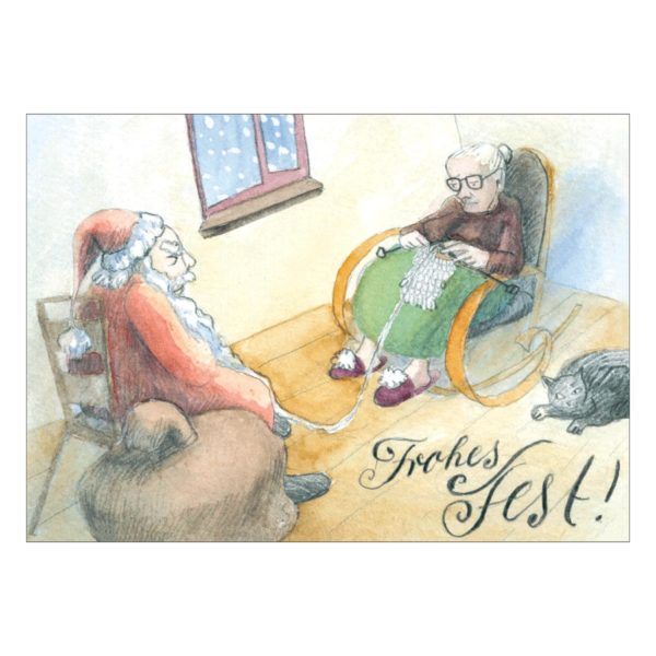 Humorvolle Weihnachtskarte mit strickender Oma & Weihnachtsmann: Frohes Fest!