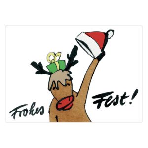 Witzige Weihnachtskarte mit lustigem Elch und Weihnachts Mütze: Frohes Fest!