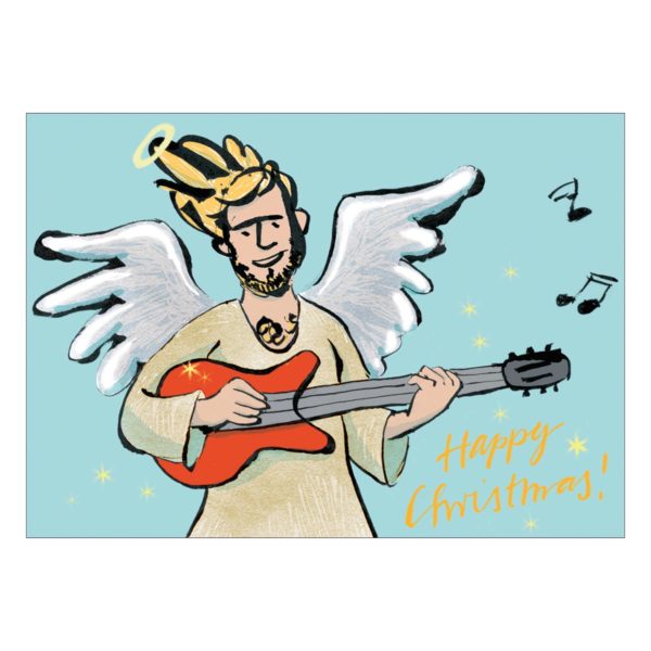 Coole Weihnachtskarte mit rockigem Engel an der E-Gitarre: Happy Christmas!