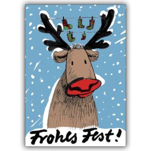 Niedliche Weihnachtskarte mit Frohes Fest! Glückwünschen und süßem Weihnachts Rentier