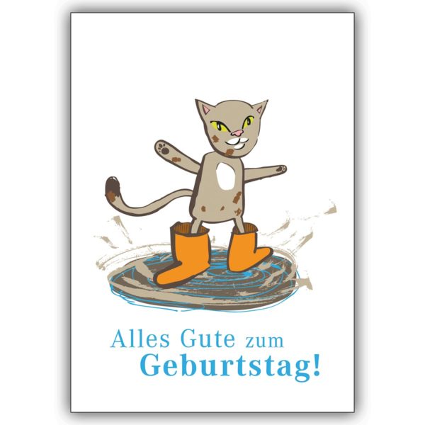 Süße Geburtstagskarte mit Katze im Regen ” Alles Gute zum Geburtstag”