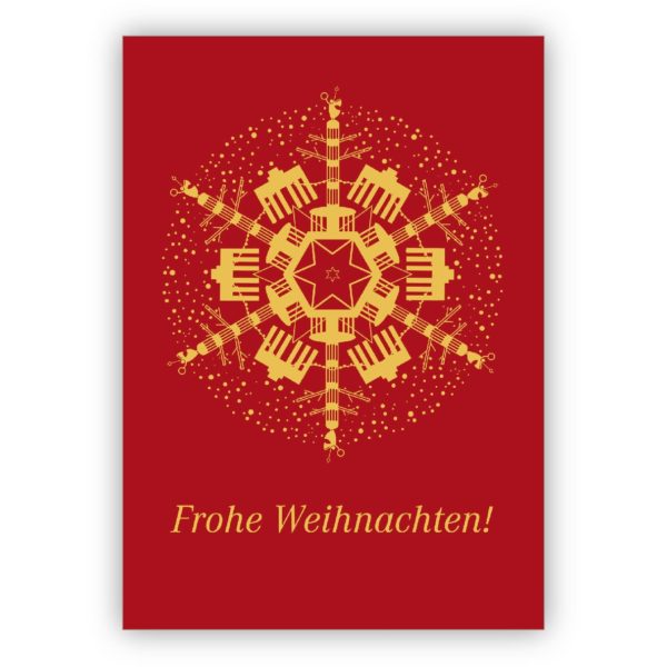 Tolle Berliner Weihnachtskarte auf rotem Grund mit Brandenburger Tor und Siegessäule: Frohe Weihnachten