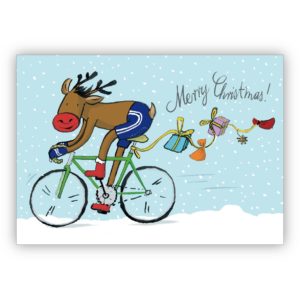 Humorvolle Weihnachtskarte mit Fahrrad fahrendem Weihnachts Elch und Geschenken im Schnee