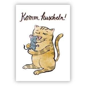 Nette Liebeskarte mit Katz und Maus auch zum Valentinstag: Komm kuscheln!