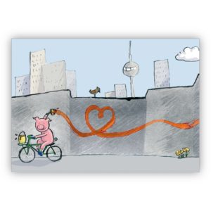 Süße Berliner Liebeskarte mit kleinem Herz malendem Schweinchen