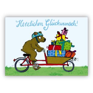 Süße Geburtstagskarte mit Fahrad fahrendem Bär der gaaanz viele Geschenke bringt: Herzlichen Glückwunsch