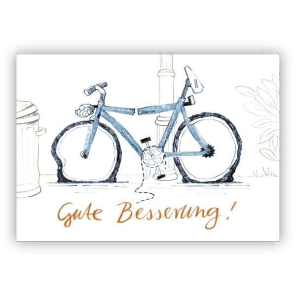 Liebevolle Genesungskarte mit Humor und kaputtem Fahrrad: Gute Besserung