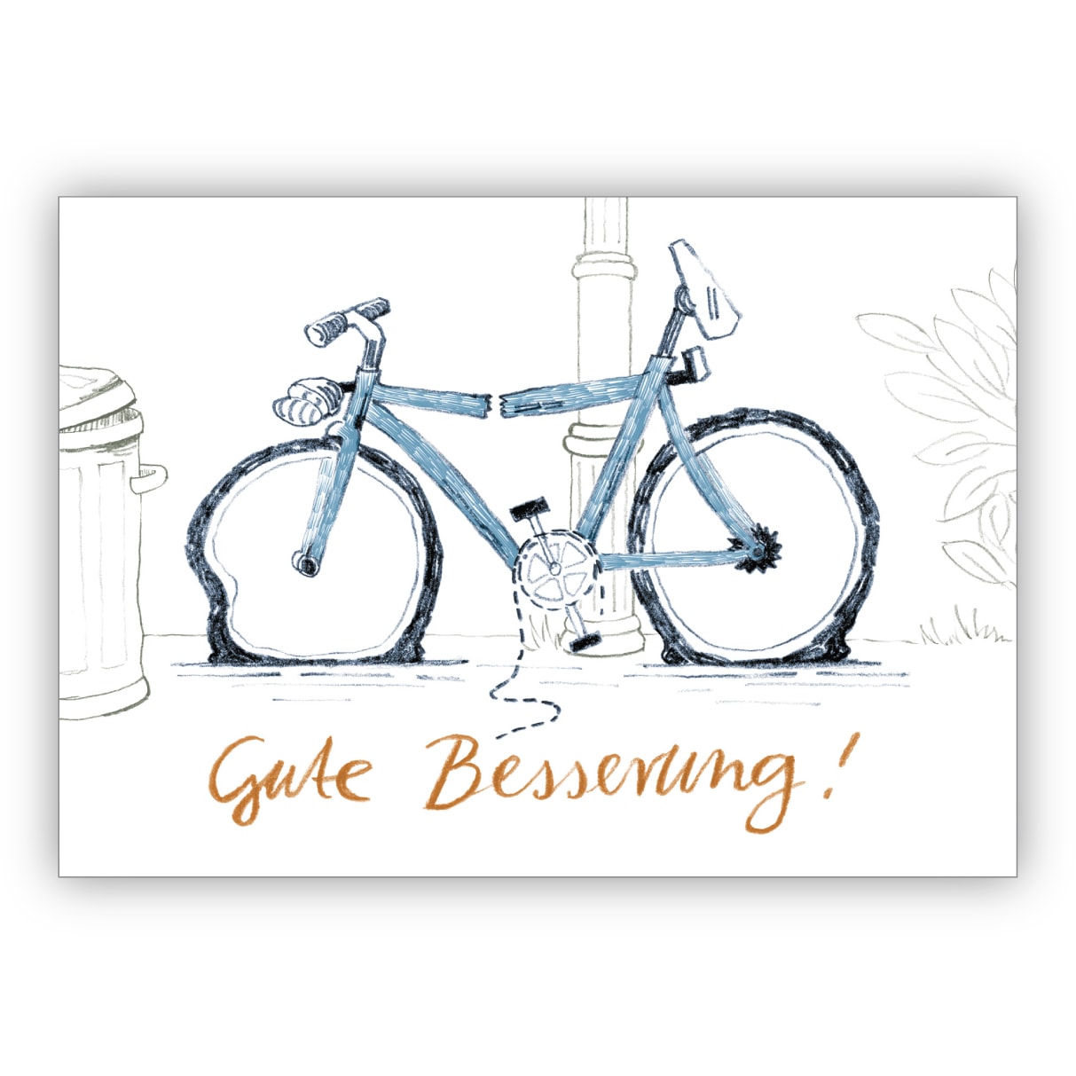 Liebevolle Genesungskarte mit Humor und kaputtem Fahrrad: Gute Besserung