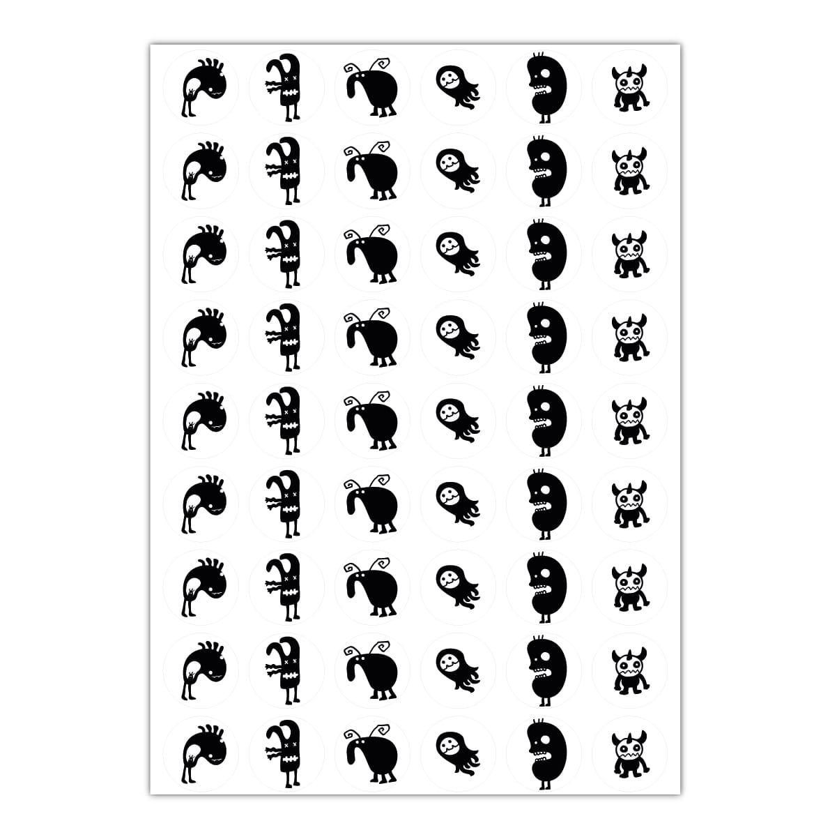48 coole Monster Aufkleber in schwarz weiß mit 6 gezeichneten Monstern,  MATTE Papieraufkleber (ø 30mm; 6 Motive) 