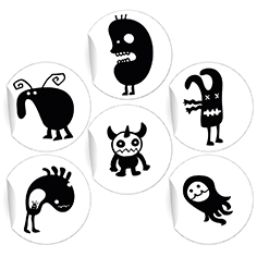 48 coole Monster Aufkleber in schwarz weiß mit 6 gezeichneten
