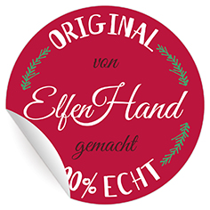 Kartenkaufrausch: Aufkleber "Original von Elfen Hand gemacht" aus unserer Weihnachts Papeterie in rot