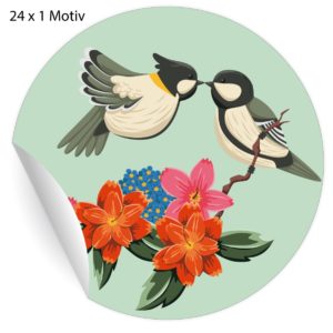 Kartenkaufrausch: Vogel Aufkleber mit küssenden Meisen aus unserer Liebes Papeterie in hell grün
