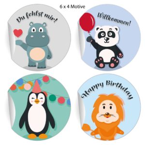 Kartenkaufrausch: Tier Aufkleber mit Nilpferd, Panda, Pinguin aus unserer Tier Papeterie in multicolor