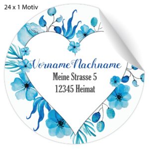Kartenkaufrausch: Adress-Aufkleber im Blumen Herz aus unserer florale Papeterie in blau