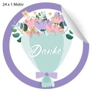 Kartenkaufrausch: Dankes Aufkleber mit hübschem Blumenstrauß aus unserer florale Papeterie in lila