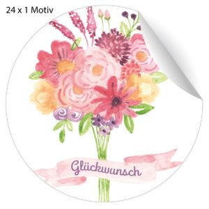 Kartenkaufrausch: Glückwunsch Aufkleber mit Blumenstrauß aus unserer florale Papeterie in rosa