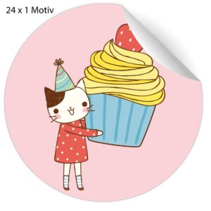 Kartenkaufrausch: Geburtstags Aufkleber mit Party Katze aus unserer Katzen Papeterie in rosa