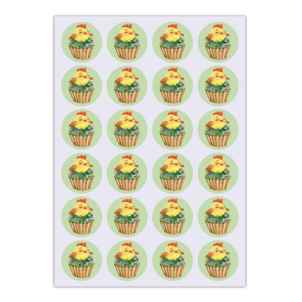 Kartenkaufrausch Sticker in grün: 24 süße Küken Muffin Aufkleber