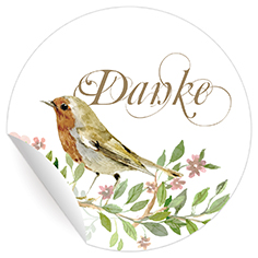 Kartenkaufrausch: Dankes Aufkleber mit gemaltem Vogel aus unserer Dankes Papeterie in weiß