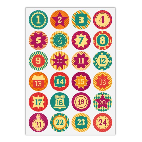 Kartenkaufrausch Sticker in multicolor: Advents Aufkleber mit den Zahlen 1 - 24