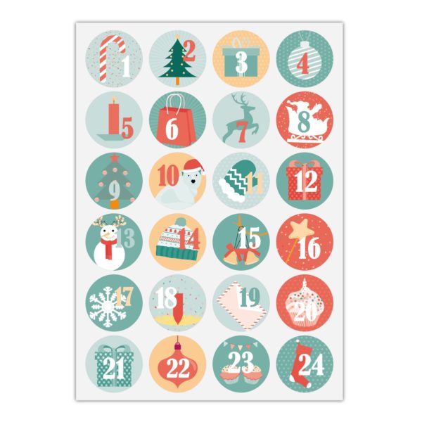 Kartenkaufrausch Sticker in multicolor: Advents Aufkleber mit den Zahlen 1 - 24