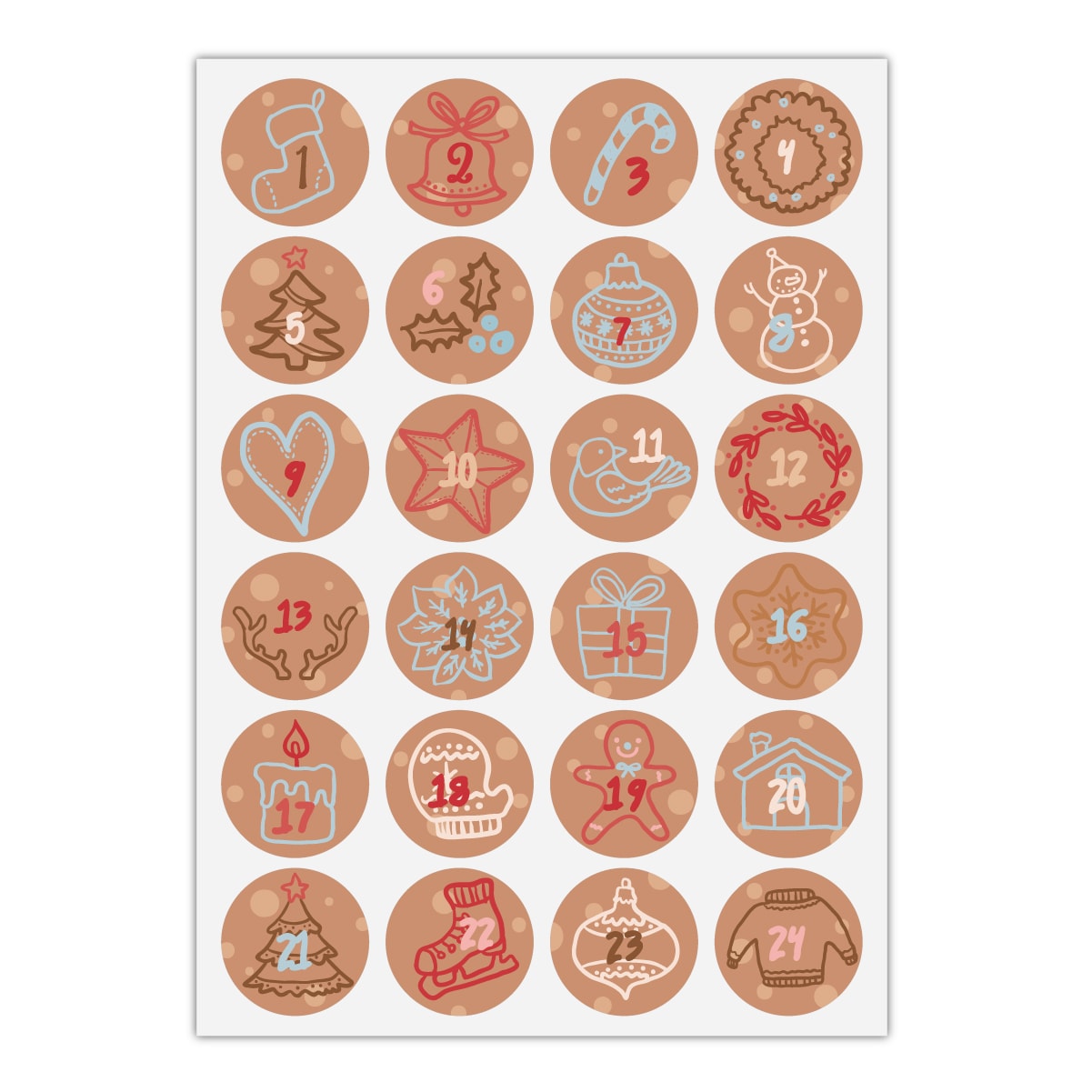 Kartenkaufrausch Sticker in braun: 24 gezeichnete Advents Aufkleber