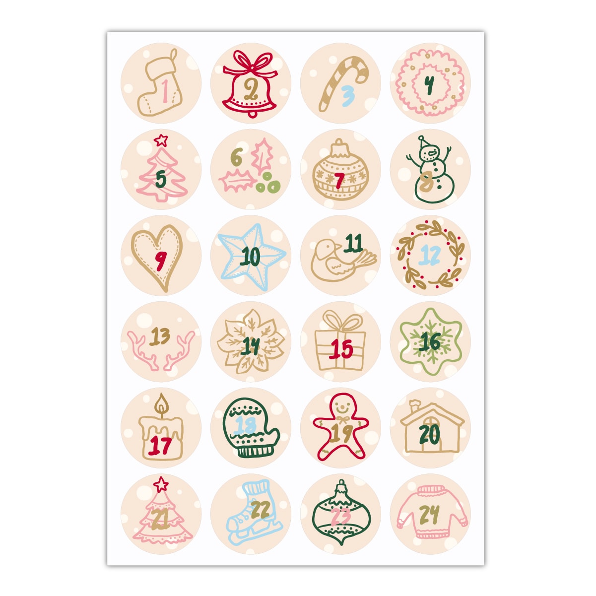 Kartenkaufrausch Sticker in beige: 24 gezeichnete Advents Aufkleber