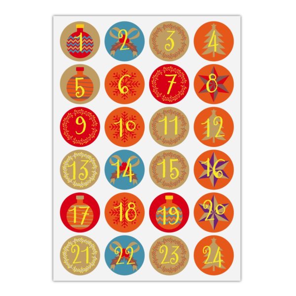 Kartenkaufrausch Sticker in multicolor: 24 edle Advents Aufkleber mit den Zahlen 1 - 24
