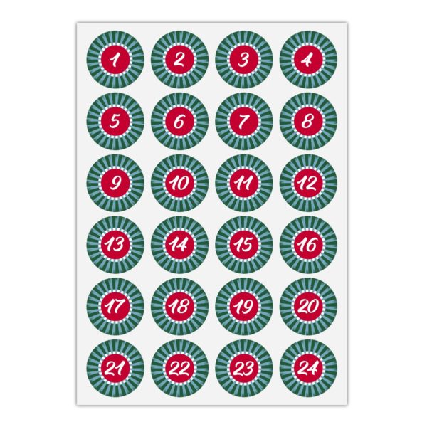 Kartenkaufrausch Sticker in rot: Advents Aufkleber mit den Zahlen 1 - 24