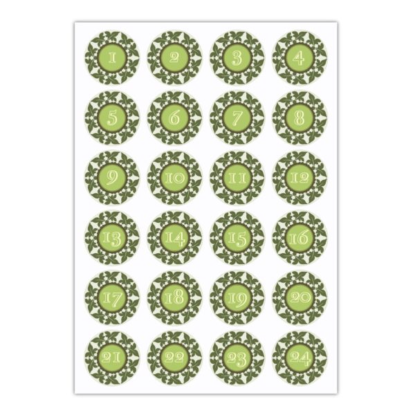 Kartenkaufrausch Sticker in grün: schöne Advents Aufkleber mit den Zahlen 1 - 24
