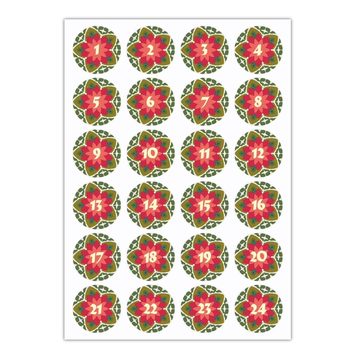 Kartenkaufrausch Sticker in rot: 24 Jugendstil Advents Aufkleber