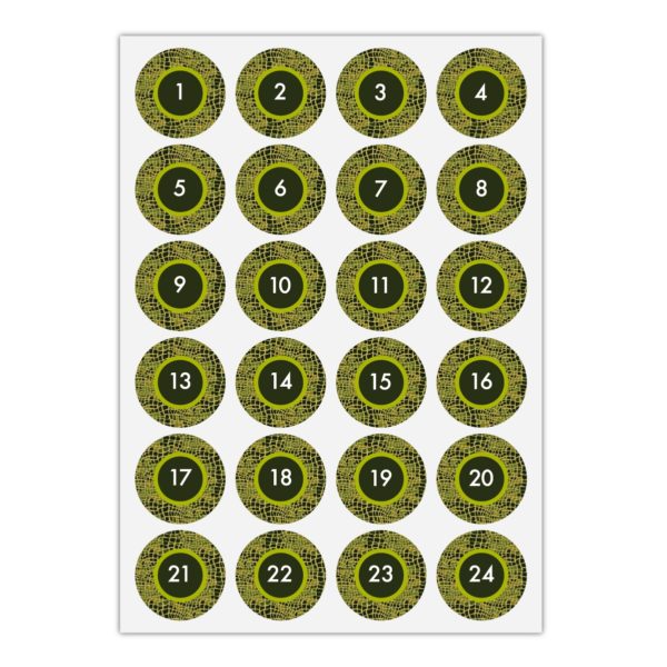 Kartenkaufrausch Sticker in grün: elegante Advents Aufkleber mit den Zahlen 1 - 24