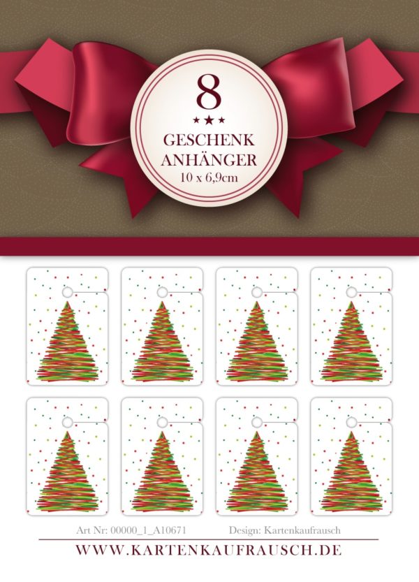 8 moderne Weihnachts Geschenkanhänger Tags zu Weihnachten mit Weihnachtsbaum Format 10 x 6,9cm